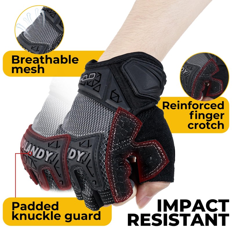 HANDLANDY Fingerless Work Gloves, Padded Work Gloves with Grip for