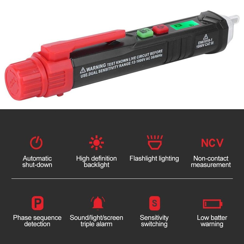 Non-Contact Voltage Tester/Phase Tester, 3 Phase 12-1000V AC Current Tester