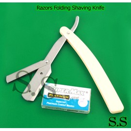 S.S Barber Edge Steel Razors Folding Shaving Knife With 5 Blades Off White B-804
