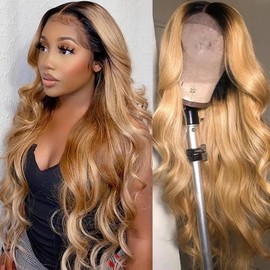 SOSEXY Body Wave Human Hair Wig 180% Density 34 Inch Ombre Wig 1B27 Highlight Lace Front Wigs Pre Plucked HD 13x4 Lace Front Wigs Strawberry Blonde Body Wave Human Hair