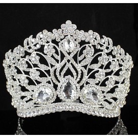 Janefashions Large Floral Clear White Austrian Rhinestone Crystal Tiara Crown With Hair Comb Headband Veil Headpiece Beauty Queen Princess Pageant Theater Show Bridal Silver T901