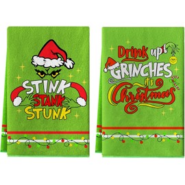 POLCANUR Christmas Grinch Kitchen Towels 2 Pieces,Green Elf ChristmasDishTowels Hand Housewarming Gifts for New Home, Christmas Farmhouse Decor for Kitchen,Bedroom,Bathroom(17.7 x 27.5 Inch)-Green