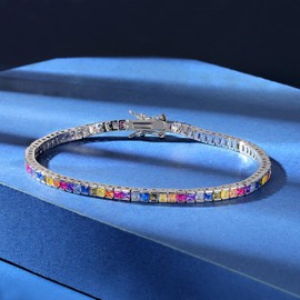 Gemsme 2 * 2mm Rainbow Square Tennis Bracelet, 2.0mm Thin 18K White Gold Plated Square Colorful Cubic Zirconia Tennis Bracelet for Women