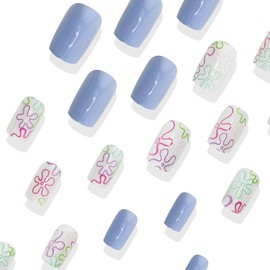 24PCS Spring White Press on Nails Medium Square Fake Nails Colorful Flowers Basket Purple Design Full Cover Glossy Acrylic Reusable False Nails Stick on Nails for Women Spring Summer Nail Art Decor