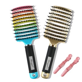 MAVGZUL Ultra-Soft Boar Bristle Hair Brush, Professional Detangling Hair Brush, Curved Vented Styling Hairbrushes, Pain-Free Hairbrush for Wet Dry Curly Thick Straight Hair (Rainbow + Gold)