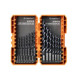 Crosstar Cobalt Stepped Point Drill Bit Set-21pcs 1/16"-1/2" TiAlN Coated Step Drill Head,M35 HSS Jobber Bits,No Pre-Drilling,3-Flat Shank,with Indexed Storage Case,Precise Drilling,for Hardened Steel