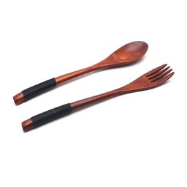 XMHF Wooden 9 inch Japanese Spoon Fork Set Kitchen Tableware Dinnerware Flatware Natural Wood Cutlery Wooden Dinner Utensil Set, 3 Spoons and 3 Forks (Black Tied Line)