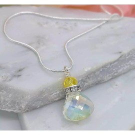 Bad Apple Designs Clear Yellow Crystal Teardrop Pendant Silver Snake Chain Necklace 18 Inch