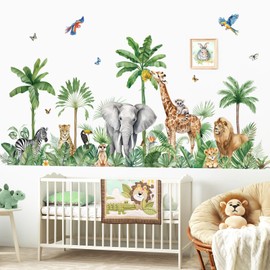 decalmile Large Safari Animals Tropical Tree Wall Decals Jungle Animals Giraffe Elephant Lion Wall Stickers Living Room Baby Nursery Kids Room Wall Decor(XXL)