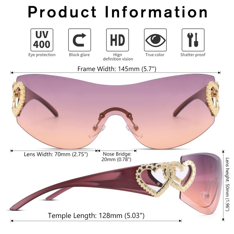 COASION Wrap Around 2000S Rimless Sunglasses for Women Men Oversized