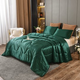 NTBED Silky Satin Comforter Set Queen Dark Green, Soft Lightweight Microfiber Luxury Sexy Quilted Bedding Sets with 2 Matching Pillow Covers for Summer Spring Autumn