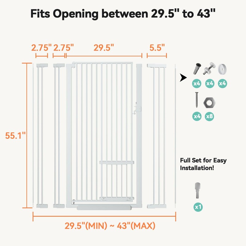 55.1" Extra Tall Pet Gate, 29.5-43" Wide with Adjustable Cat