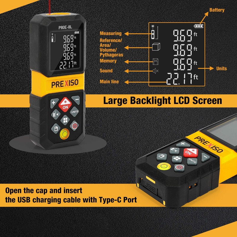 PREXISO Laser Measure, 265Ft Rechargeable Laser Distance Meter with Multi-Measurement