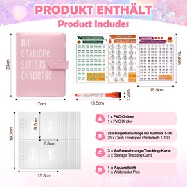 Fettwal 100 Envelope Saving Challenge Savings Book for Money Challenge, A5 Money Saving Challengers Money Saving Folder with 3 Memory Cards & Watercolour Pen, Savings Book for Household Money Saving