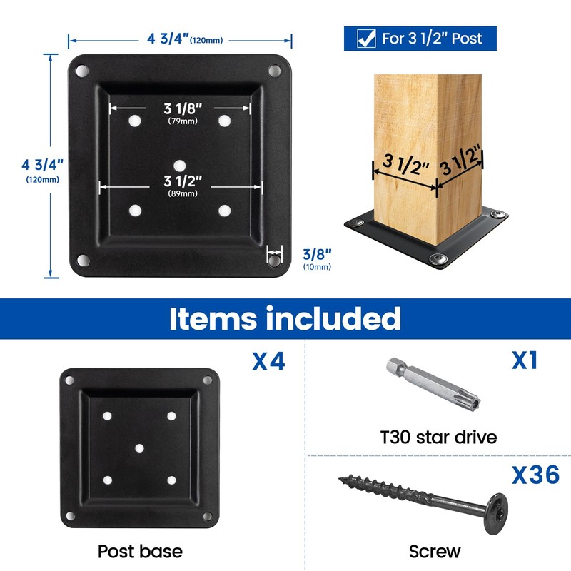 Muzata 4Pack 3.5"x3.5" Wood Post Plate Connector Deck Post Base
