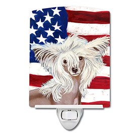 Caroline's Treasures LH9031CNL USA American Flag with Chinese Crested Ceramic Night Light Compact, UL-Certified, Ideal for Bedroom, Bathroom, Nursery, Hallway, Kitchen, 6x4x3, Multicolor