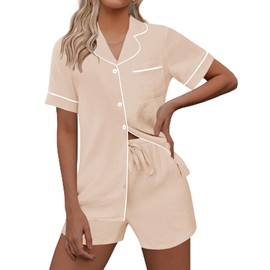 Ekouaer Womens Pajama Set Short Sleeve Sleepwear Summer Button Down Nightwear Lounge Set Soft Pjs Champagne Small