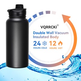 VQRRCKI 32 oz Insulated Water Bottle Bulk 4 Pack, Stainless Steel Sports Water Bottles with Straw Lid & Wide Mouth Lids, Double Walled Vacuum, Leak Proof, Black