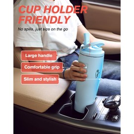 Coolflask 32 oz Insulated Water Bottle - Slim Tumbler with Straw & Handle - Car Cup Holder Friendly - Stainless Steel Thermo Flask for Sports, Gym, Travel, Office, Dishwasher Safe, Blue