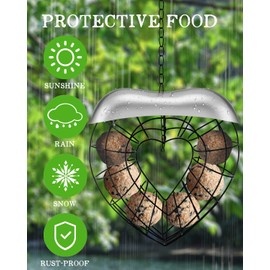 Hanging Fat Ball Holder for Wild Birds, Bird Dumplings Holder Feeder with Roof, Metal, Heart Shaped