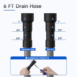 JUWO Universal Dishwasher Drain Hose, 6 FT Dishwasher Hose Drain Corrugated and Flexible Replacement Drain Hose with Clamps, Discharge Hose Fits 5/8", 3/4", 1" Dishwasher End