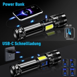 Glarylight Taschenlampe aufladbar, 250000 Lumen led Taschenlampe, Taschenlampe XHP90.2 mit Seitenlicht, IPX7 Wasserdicht & 9 Modi Zoombar, Taschenlampe für Outdoor Notfall, Camping