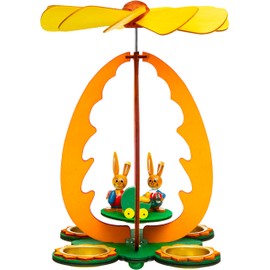 SIKORA OD04 Easter Decoration Wooden Easter Egg Tea Light Table Pyramid with Easter Bunny Figures, Colour/Model: A1 Easter Bunny Family Yellow/Green