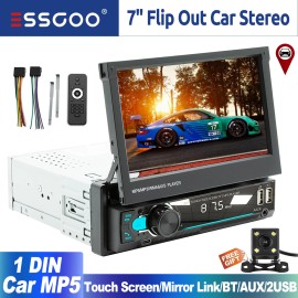 ESSGOO Flip Out Single 1 DIN 7" Car Stereo Touch Screen Head Unit BT FM + Camera