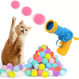 Cat Toys Balls Launcher, 30PCS Cat Pom Pom Balls & Cat Toy Launcher Set,Cat Plush Ball Toy Interactive cat Toy Colorful Plush Toy Balls for Cat, Cat Toys for Indoor Cats