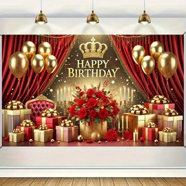Red and Gold Happy Birthday Background 71x43 Inch Birthday Party Decorations Party Banner with Flowers and Balloons Photo Booth Backdrop for Women and Girls