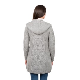 SAOL 100% Merino Wool Shawl Neck Aran leaf Coat with buttons for Womens(Grey,X-Large)