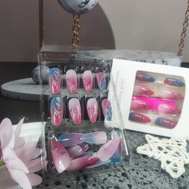 24Pcs 3D Curve Line Press on Nails Ocean Acrylic Fake Nail Glossy Red Gradient Medium Almond False Nails Flower Stick on Fingernails Seaside Gel Glue on Nail for Coquette Women Girls