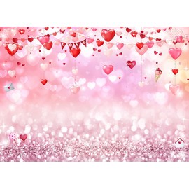 LYWYGG 7x5ft Happy Valentine's Photography Backdrops Love Heart Party Banner Pink Glitter Backdground cp-466