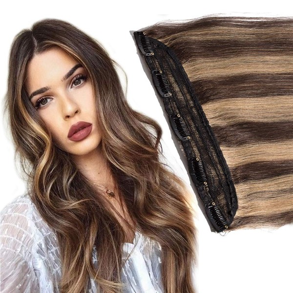 Clip in Human Hair Extension 1 piece 5 Clips 3/4 Full Head Real Remy Hair Natural Soft Easy to wear 16’’Long /45g Medium Brown Mixed Strawberry Blonde (#4/27)