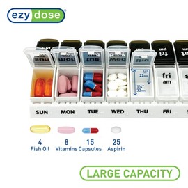 EZY DOSE - Estuche semanal para píldoras AM/PM (7 días), planificador de medicamentos, organizador de vitaminas, compartimentos grandes, 2 veces al día, tapas negras y blancas