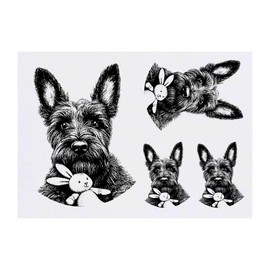 4 x 'Scottish Terrier with Bunny Toy' Temporary Tattoos - Water Resistant, Skin-Safe, Non-Toxic Transfers, Mixed Sizes (TO00084114)