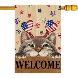 ZAEW Welcome Watercolor Wood Cute Cat Stars Patriotic America 4th of July Memorial Day Independence Day House Flag Large 28X40 Inch Big Vertical Double Sided Outside Yard Outdoor Outside Holiday Decoration