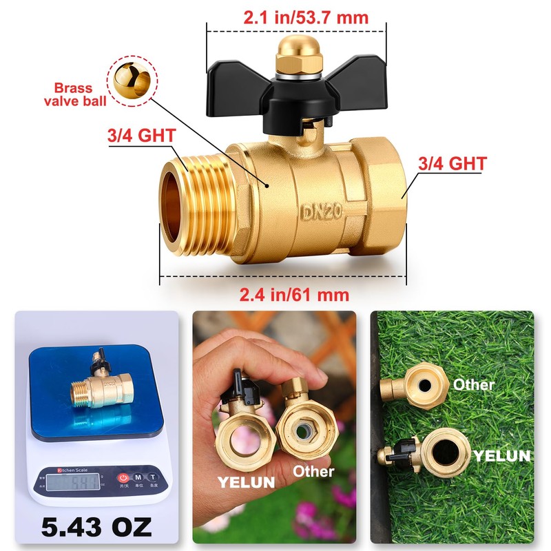 YELUN Garden Hose Brass Shut Off Valve Full Flow, No