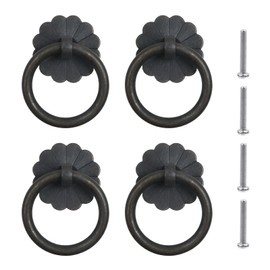 Pastlla 4 Pcs Solid Vintage Style Brass Cabinet Pulls Knobs with Screws, Black Flower Shape Drawer Ring Pulls Knobs, Furniture Hardware Drawer Handles for Dresser Cabinet