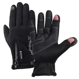 Fjquamitix Waterproof Winter Thermal Gloves with Finger Cap,Fleece Lined Black Touchscreen Fingerless Fishing Gloves for Men Women with Zipper,Suitable for Driving Motorbike Hiking (Black, M)