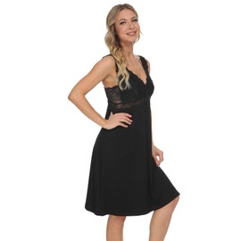 Mnemo Women's Sexy Pyjamas Lace Nightdress with V-Neck, black, L