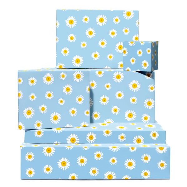Central 23 - Floral Wrapping Paper - Blue Daisies - 6 Gift Wrap Sheets - White Flowers - For Birthday Anniversary Valentines Day - New Baby - Kids