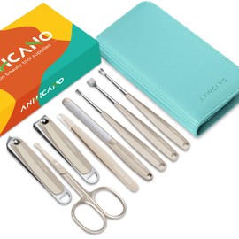 Manicure & Pedicure Kit, ANIHCANO Professional 8 in 1 Premium Stainless Steel Personal Care Tools Set with PU Leather Case (Champagne)