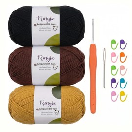 Renyiz Crochet Yarn 3x100g 4 Ply Combed Cotton Yarn, 60% Cotton 40% Acrylic, Complete Craft Set with 2.5mm Hook, Accessories for Adult Beginners, Perfect for Amigurumi & DIY Projects (Black-3)