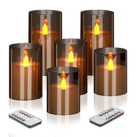 Flameless Candles 4" 5" 6" Acrylic Glass Pillars 3" Diameter Battery Operated Flickering Candles Include Remote with 24Hour Timer Function 400+ Hours by 2 AA Batteries (Gray, Warm Light 6 Pack)