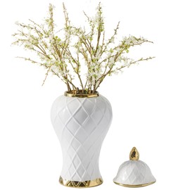 Ginger Jars for Home Decor, White and Gold Vase, Decorative Ceramic Ginger jar with lid, Porcelain Flower Vase for Centerpieces Jarrones, Storage jar, Table Center Vase, Temple Jar(14in)