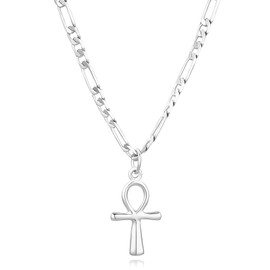 Lumayina Dainty 925 Sterling Silver Gold Ankh Necklace for Women Men 18k Gold Plated Ankh Pendant Cross Necklace for Women Men with 3.6mm Flat Figaro Chain Necklaces Jewelry Gifts (Silver)