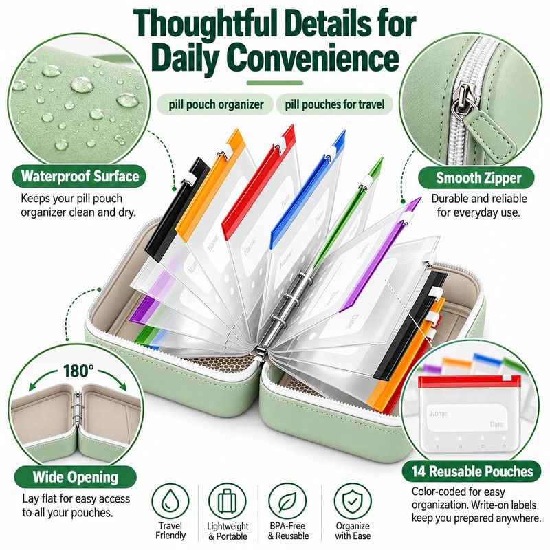 Pill Pouches for Travel, 14 Reusable Pill Pouches with Zipper