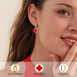 Clover Earrings for Women Four Leaf 4 Clover Earring 14K Gold Plated Hoop Dangle Small Flower Simple Jewelry Lucky Gifts for Women Birthday Christmas Anniversary -Hypoallergenic Earrings/Red Earring