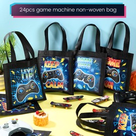 Aoriher 24 Pcs Video Game Party Favor Bags with Handle Treat Gift Bags Reusable Game on Birthday Party Baby Shower Level up Goodie Supplies, 4 Styles